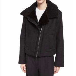 Vince Black Wool Moto Bomber Jacket Lamb Shearling Collar Women's M Edgy